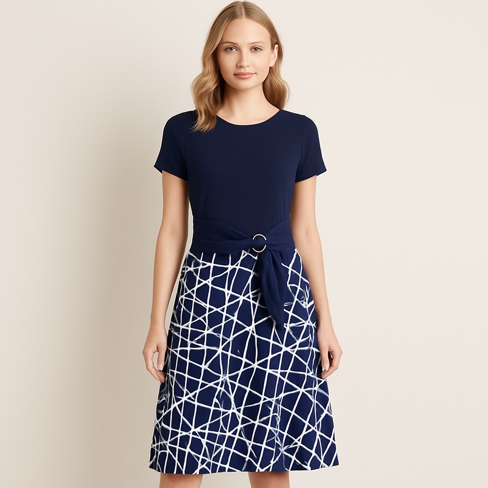 Perceptions Navy Blue and White High Low Dress